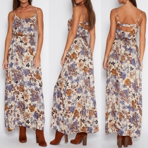Sexy Backless V-neck High Waist Printed Sling Maxi Dress
