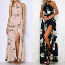 Sexy Backless Slit Hem Sleeveless Printed Maxi Dress