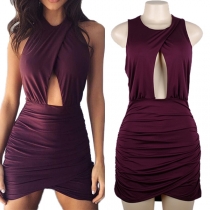 Sexy Hollow Out Sleeveless Round Neck Slim Fit Solid Color Dress
