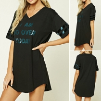 Fashion Letters Printed Short Sleeve V-neck T-shirt Dress