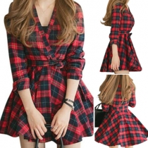 Fashion Long Sleeve V-neck Plaid Dress