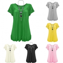 Fashion Solid Color Short Sleeve V-neck Ruffle Hem Tops