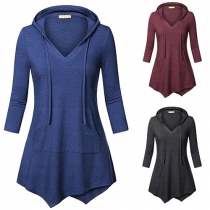 Fashion Solid Color Half Sleeve V-neck Irregular Hem Hoodies