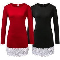 Fashion Long Sleeve Round Neck Lace Spliced Hem Slim Fit Dress