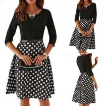 Fashion Half Sleeve Round Neck Dots Printed Dress