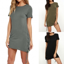 Fashion Solid Color Short Sleeve Round Neck Lace-up Hem Dress