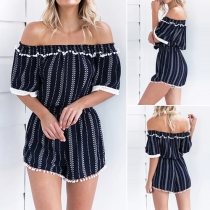 Sexy Off-shoulder Short Sleeve Elastic Waist Printed Rompers