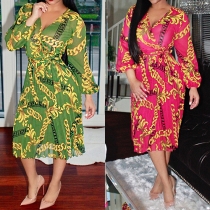 Sexy Deep V-neck Long Sleeve Printed Chiffon Dress