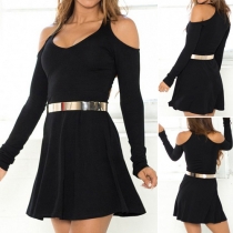 Sexy Off-shoulder Long Sleeve Round Neck Solid Color Dress