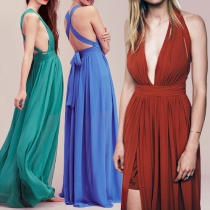 Sexy Backless Deep V-neck Slit Hem High Waist Solid Color Dress