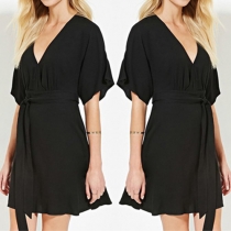 Sexy Deep V-neck Short Sleeve Solid Color Dress