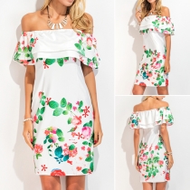 Sexy Off-shoulder Ruffle Slim Fit Printed Dress