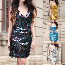 Sexy Backless Deep V-neck Sequin Sling Dress