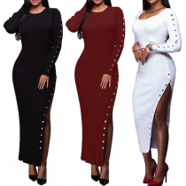 Sexy Slit Hem Long Sleeve Round Neck Slim Fit Dress