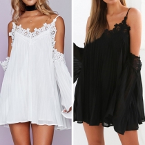 Sexy Off-shoulder V-neck Trumpet Sleeve Lace Spliced Cami Dress