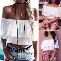 Sexy Off-shoulder Boat Neck Lace Spliced Solid Color Tops