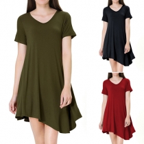 Fashion Short Sleeve V-neck Irregular Hem Solid Color Dress