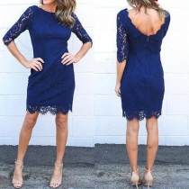 Sexy Backless Half Sleeve Round Neck Slim Fit Lace Dress