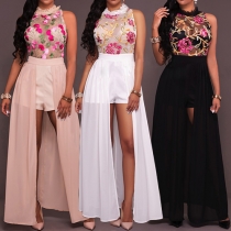 Sexy Sleeveless Chiffon Spliced Hem Embroidery Rompers