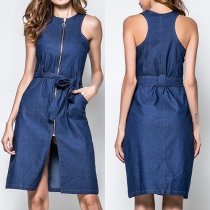 Fashion Sleeveless Round Neck Slit Hem Lace-up Denim Dress
