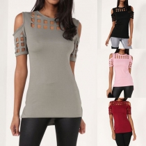 Sexy Off-shoulder Short Sleeve Round Neck Hollow Out T-shirt