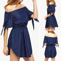 Sexy Off-shoulder Short Sleeve Elastic Waist Denim Dress