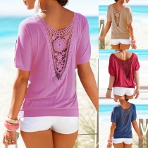 Fashion Solid Color Short Sleeve Round Neck Lace Spliced T-shirt
