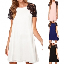 Fashion Lace Spliced Short Sleeve Round Neck Chiffon Dress
