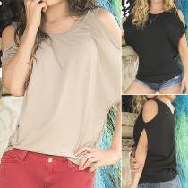 Sexy Off-shoulder Short Sleeve Round Neck Solid Color T-shirt