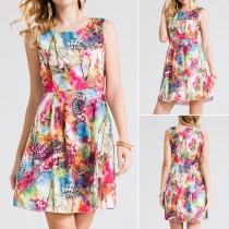 Fashion Sleeveless Round Neck High Waist Printed Dress