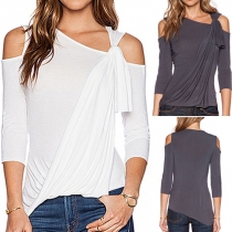 Sexy Off-shoulder 3/4 Sleeve Irregular Hem Solid Color T-shirt