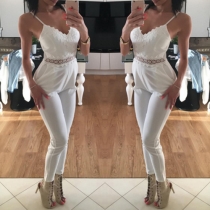Sexy Backless V-neck High Waist Lace Spliced Sling Jumpsuits