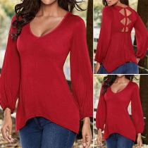 Sexy Backless V-neck Long Sleeve Irregular Hem Solid Color T-shirt