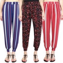 Fashion Elastic Waist Printed Chiffon Pants