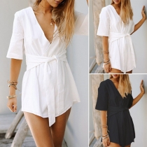 Sexy Deep V-neck Half Sleeve Solid Color Lace-up Rompers
