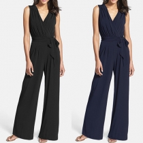 Elegant Solid Color Sleeveless V-neck High Waist Jumpsuits