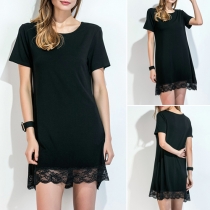Fashion Solid Color Short Sleeve Round Neck Lace Spliced Hem Dress