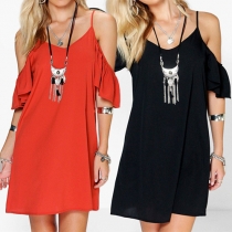 Sexy Off-shoulder Lotus Sleeve Solid Color Sling Dress