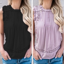 Fashion Sleeveless Round Neck Lace Spliced Ruffle Tops