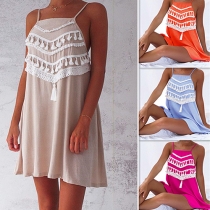 Sexy Backless Lace Spliced Tassel Cami Dress