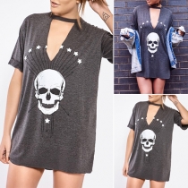 Chic Style Skull Head Printed Short Sleeve V-neck T-shirt Dress