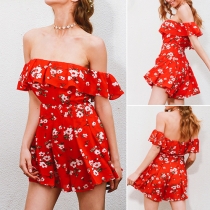 Sexy Off-shoulder Ruffle High Waist Printed Rompers