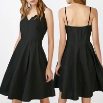 Sexy Backless Deep V-neck High Waist Solid Color Sling Dress