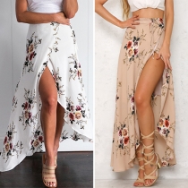 Bohemian Style High Waist Irregular Slit Hem Printed Maxi Skirt