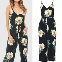 Sexy Deep V-neck High Waist Printed Sling Jumpsuits