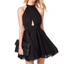 Sexy Backless Solid Color Halter Chiffon Dress
