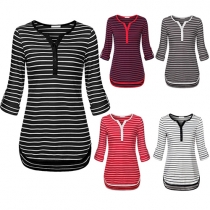Fashion Long Sleeve V-neck High-low Hem Striped T-shirt
