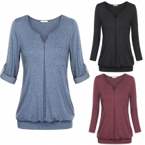 Fashion Solid Color Long Sleeve V-neck Casual T-shirt