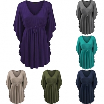 Chic Style Lotus Sleeve V-neck Solid Color Tops