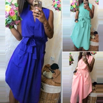 Fashion Solid Color Sleeveless Irregular Hem Lace-up Shirt Dress